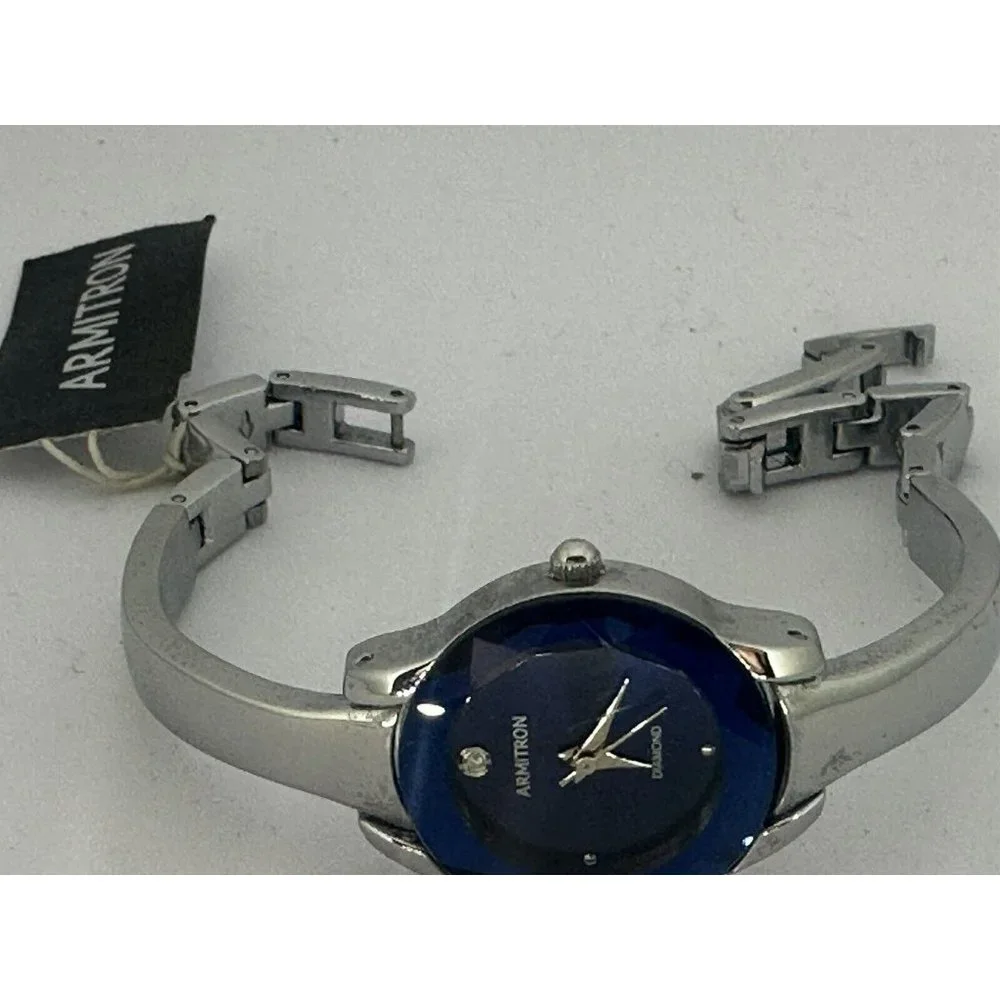 Armitron Diamond Watch Women 23mm‎ Silver Tone Blue Dial Faceted New Batt 7